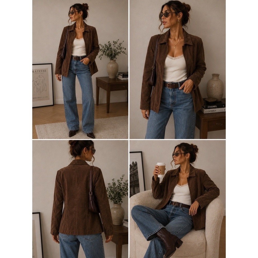 Vintage Brown Suede Leather Jacket Mid Length Coat Pointed Collar Chocolate M